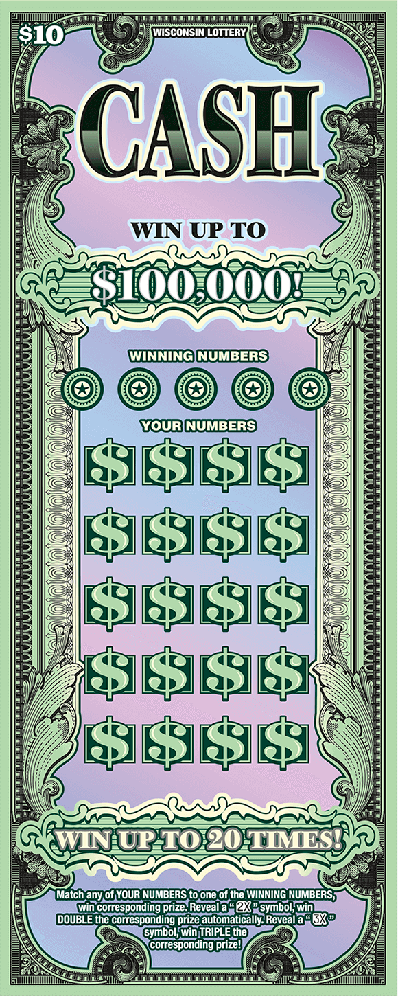 Cash Scratch Game light green icons of dollar signs with ornate flourishes with light and dark green that look like a dollar bill on pink and purple gradient background on scratch game