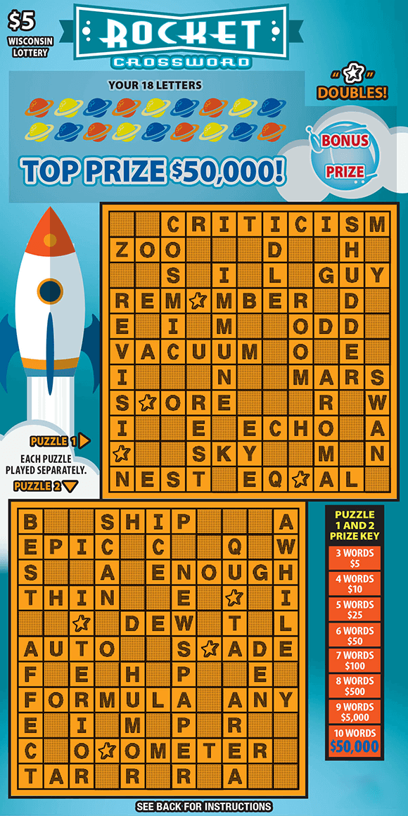 orange crossword puzzles on ticket with white spaceship and white text with Saturn icons in various colors on scratch game