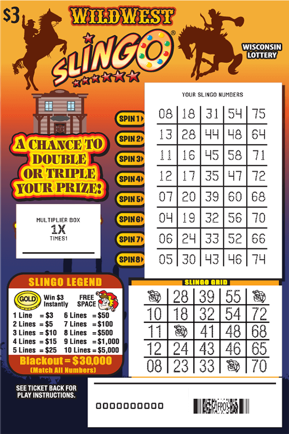 Wild West SLINGO® Scratch Game white scratched play area on orange and purple gradient background with cowboys on bucking broncos and orange western type on scratch game