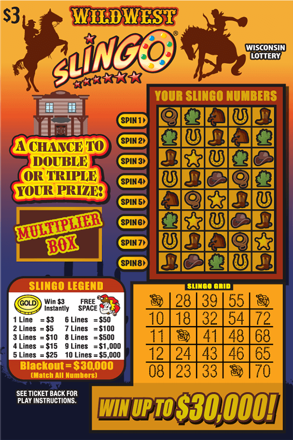 Wild West SLINGO® Scratch Game SLINGO grid with green cacti, gold horseshoes, brown cowboy hats, brown cowboy boots and horse icons on orange and purple gradient background with cowboys on bucking broncos and orange western type on scratch game