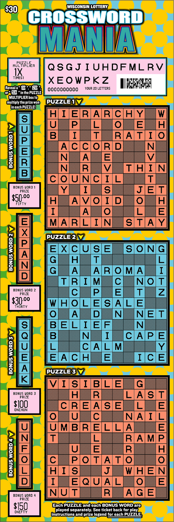 Crossword Mania Scratch Game scratched crossword puzzle play area with yellow dots on light blue background with white and blue block lettering outlined in black on scratch game