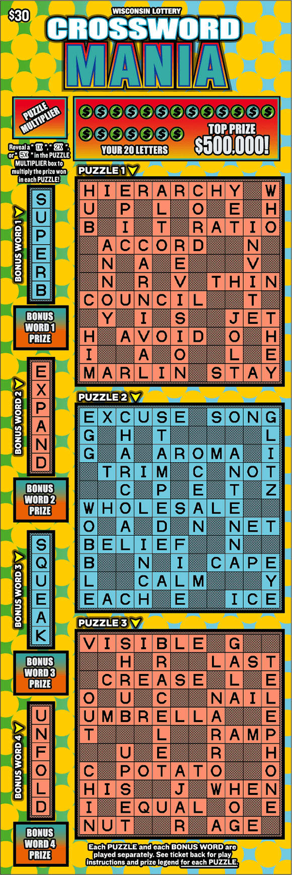 Crossword Mania Scratch Game three light blue ad peach crossword puzzles with yellow dots on light blue background with white and blue block lettering outlined in black on scratch game