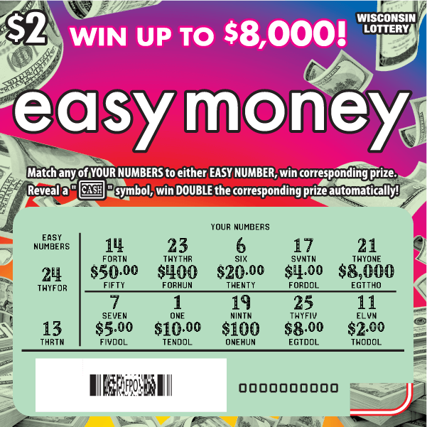 dollar bills falling from the sky with green scratched play area on rainbow gradient background with orange, pink and purple on scratch ticket