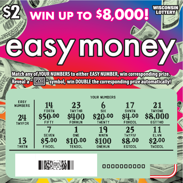 Easy Money Scratch Game dollar bills falling from the sky with green scratched play area on rainbow gradient background with orange, pink and purple on scratch ticket