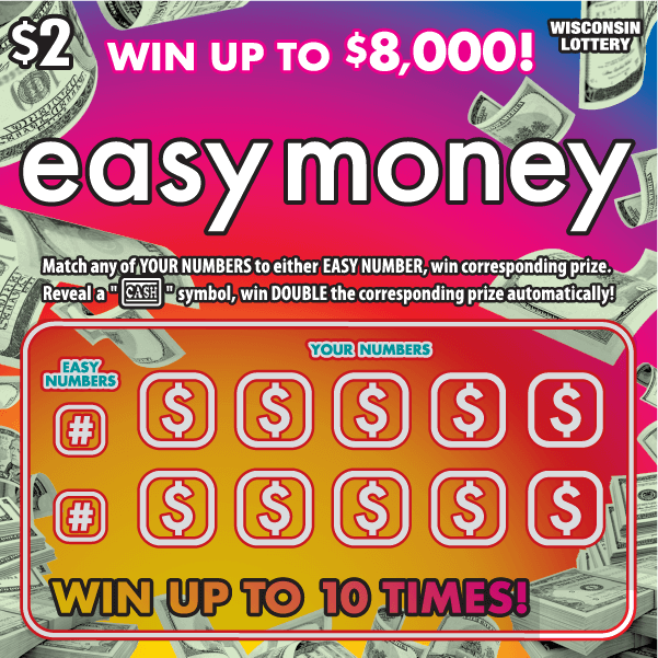 Easy Money Scratch Game dollar bills falling from the sky with white dollar sign icons on rainbow gradient background with orange, pink and purple on scratch ticket