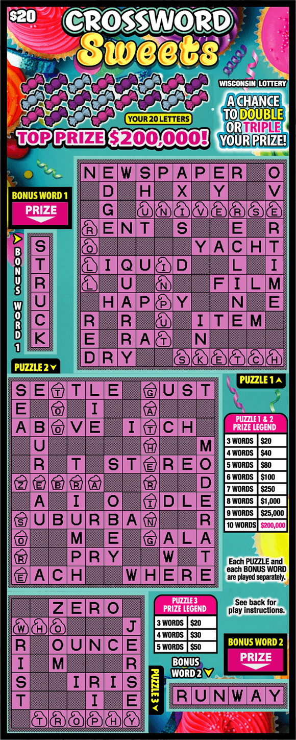 magenta crossword puzzles on teal background with brightly colored cupcakes and white and yellow script text with colorful candy icons on scratch game