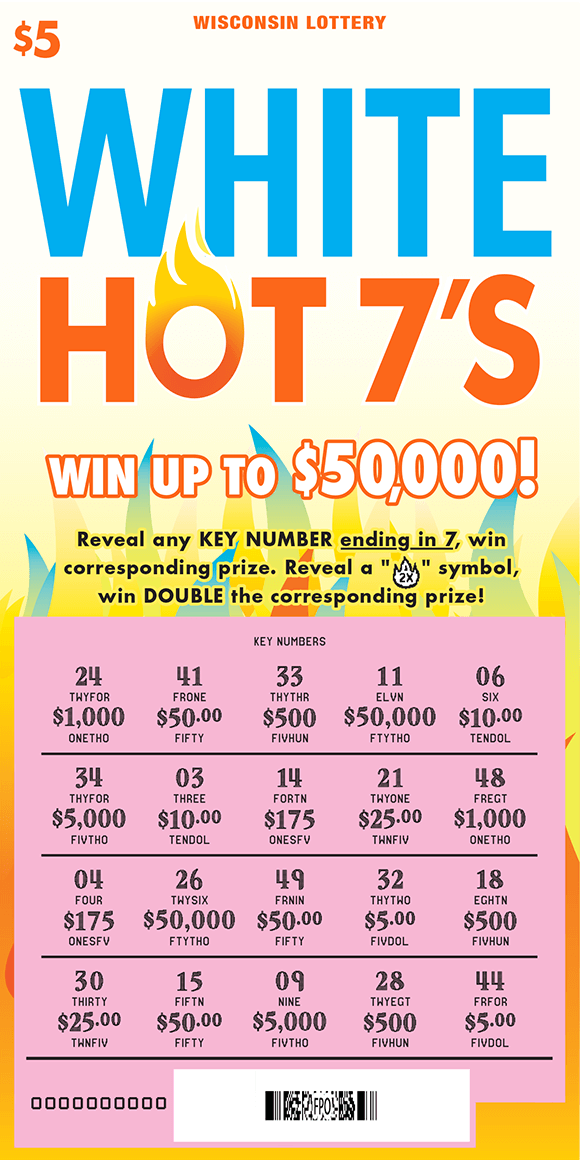White Hot 7's Scratch Game pink scratched play area with bright blue and dark orange letters on white background with shooting blue and yellow flames on scratch game