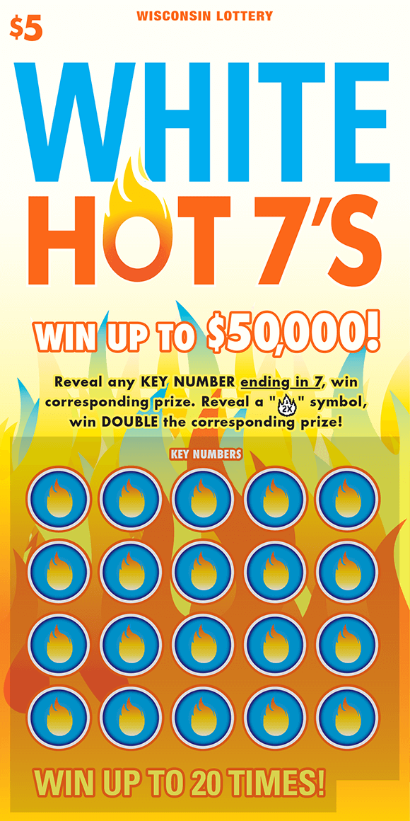 White Hot 7's Scratch Game orange and yellow flame icons in blue circles with bright blue and dark orange letters on white background with shooting blue and yellow flames on scratch game