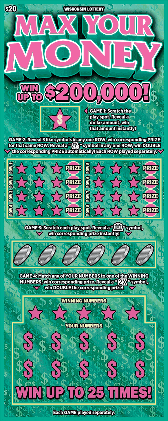 pink stars and dollar sign with silver coin icons with pink lettering on light green background with darker green dollar signs in various sizes on scratch ticket