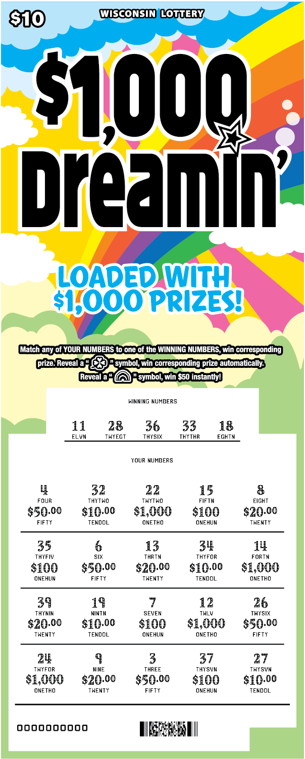 $1,000 Dreamin' Scratch Game white scratched play area on light green background with brightly colored rainbow, white clouds in blue sky and pink and yellow sunbursts with funky black lettering on scratch ticket