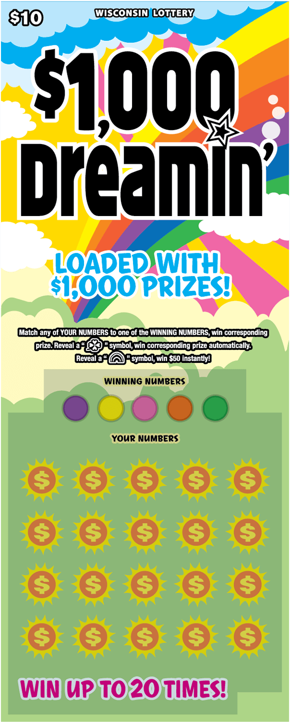 multi colored dots and orange suns with yellow dollar signs icons on light green background with brightly colored rainbow, white clouds in blue sky and pink and yellow sunbursts with funky black lettering on scratch ticket