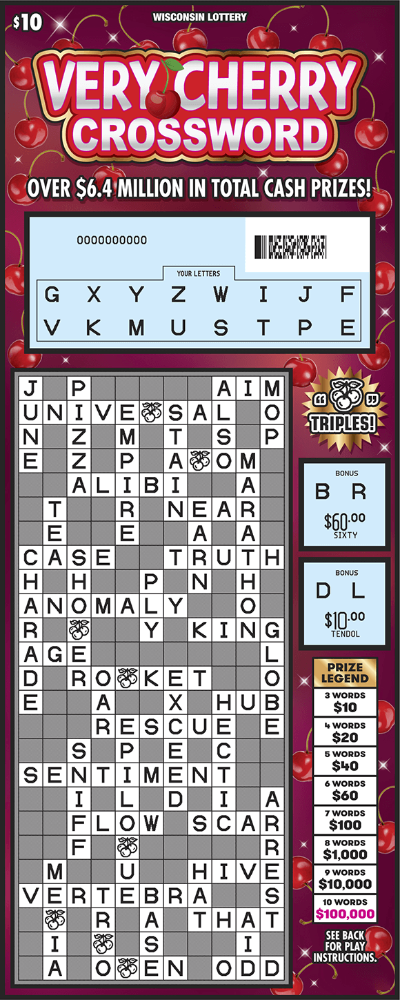 Very Cherry Crossword Scratch Game white scratched play area on burgundy background with bright red falling cherries and white letters outlined with gold on scratch game