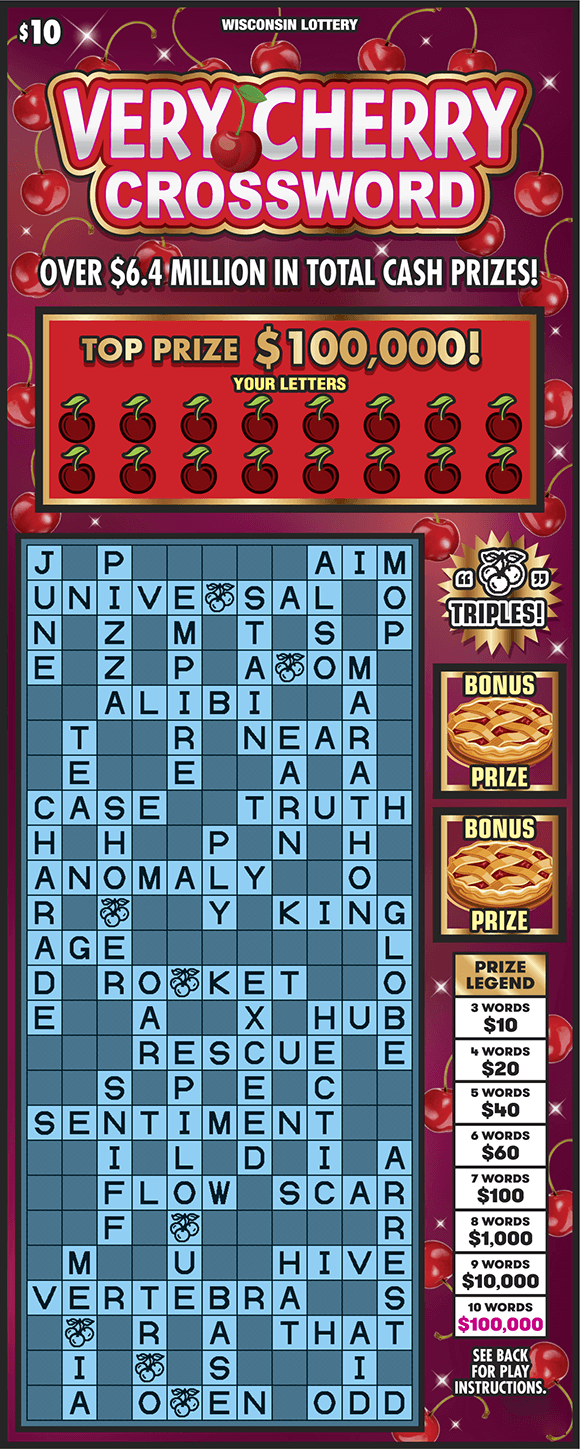 Very Cherry Crossword Scratch Game blue crossword puzzle with dark red cherries with green stems and cherry pie icons on burgundy background with bright red falling cherries and white letters outlined with gold on scratch game