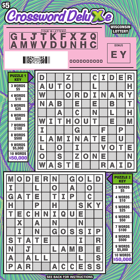 Crossword Deluxe Scratch Game white scratched crossword puzzle play area with purple scripted lettering outlined in white on mint green background with spiral purple lines on scratch game