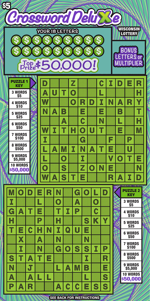 Crossword Deluxe Scratch Game two lime green crossword puzzles with white dollar sign icons in green circles and purple scripted lettering outlined in white on mint green background with spiral purple lines on scratch game