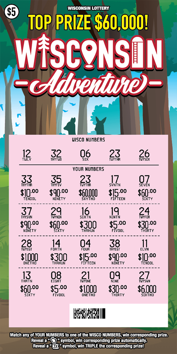 Wisconsin Adventure Scratch Game forest scene with pink scratched play area and white scripted lettering outlined in red on scratch game