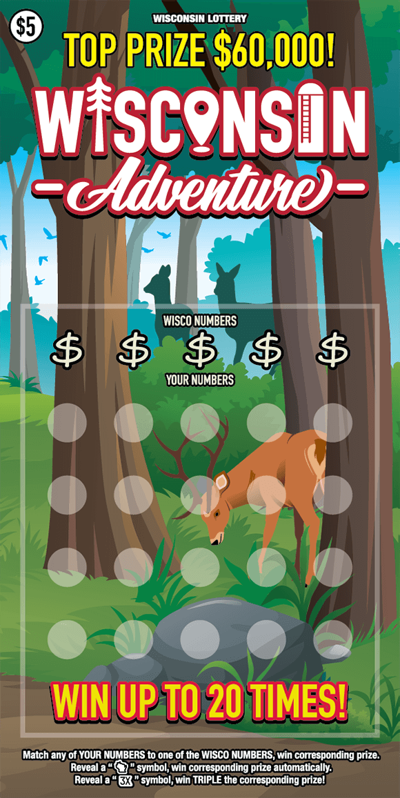 Wisconsin Adventure Scratch Game forest scene with three deer and tall trees and white scripted lettering outlined in red on scratch game