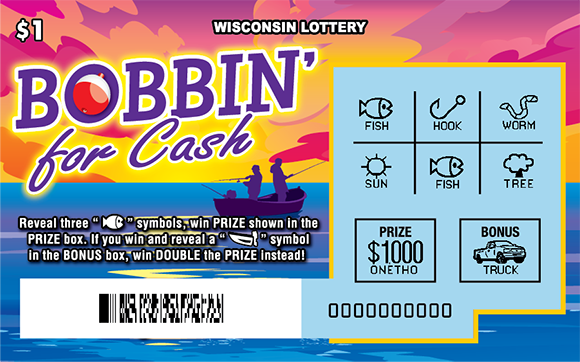 Bobbin' for Cash Scratch Game blue scratched play area with two people fishing in purple boat on bright blue lake with vivid orange, yellow and pink sunrise on scratch ticket