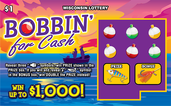 assortment of brightly colored bobber icons with two people fishing in purple boat on bright blue lake with vivid orange, yellow and pink sunrise on scratch ticket