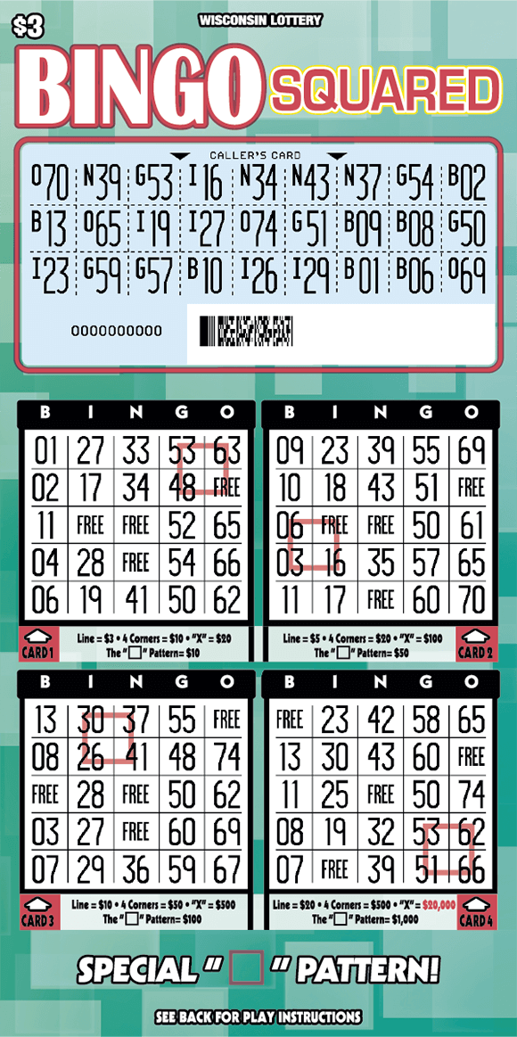 Bingo Squared Scratch Game white scratched play area on background with various shades of light green overlapping squares and block white lettering on scratch ticket