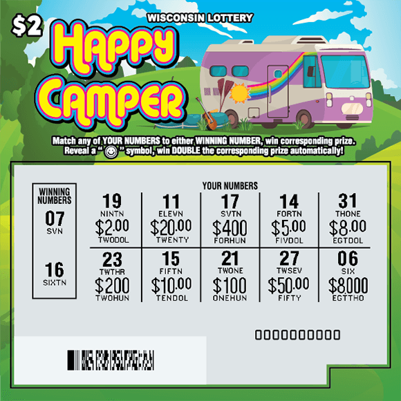 Happy Camper Scratch Game grey scratched play area with large purple RV parked on flowing green hillside with blue skies on scratch ticket
