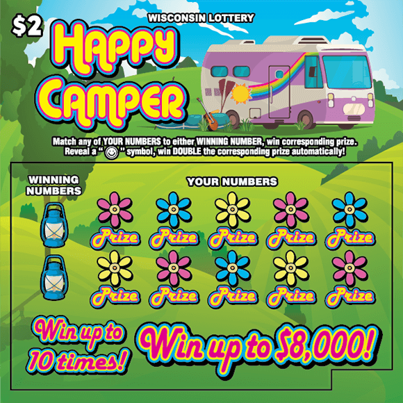 Happy Camper Scratch Game bright green grass with pink, blue and yellow flower icons with large purple RV parked on flowing green hillside with blue skies on scratch ticket