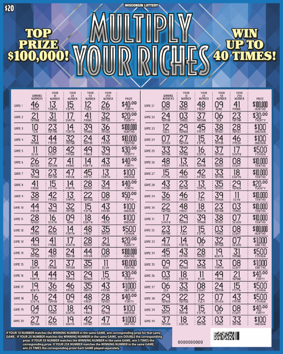Multiply Your Riches Scratch Game pink scratched play area on background with diamonds in various shades of blue on scratch ticket