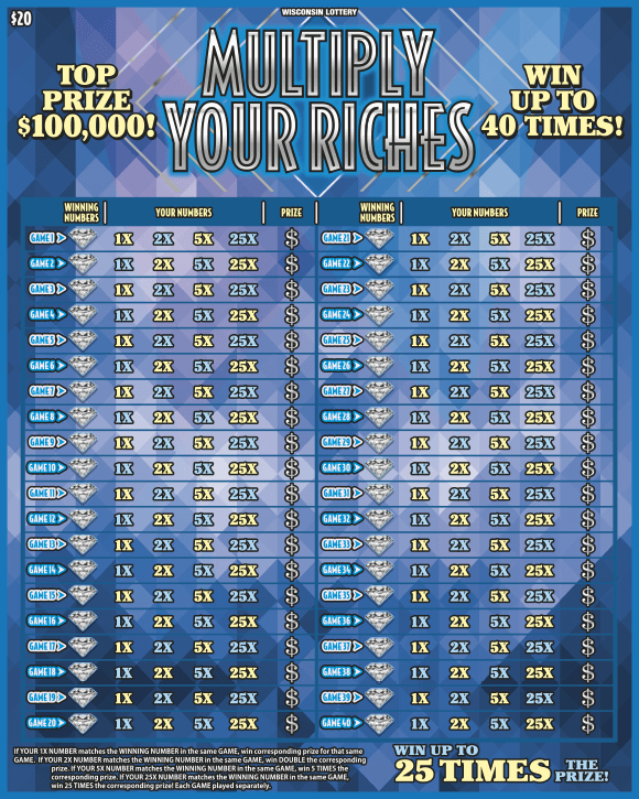Multiply Your Riches Scratch Game 40 lines of numbers and icons of diamonds and yellow dollar signs on background with diamonds in various shades of blue on scratch ticket
