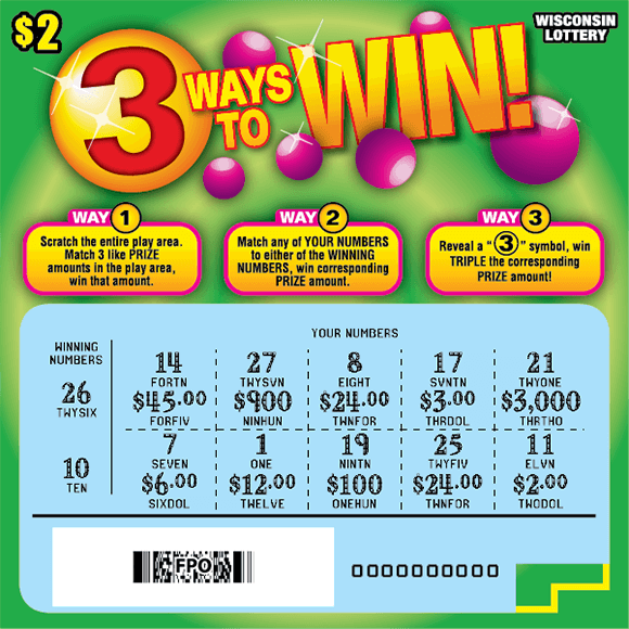 3 Ways to Win Scratch Game blue scratched play area on green gradient background with yellow bold lettering outlined in red on scratch game