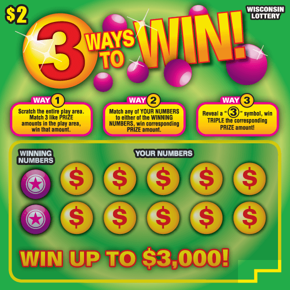 3 Ways to Win Scratch Game icons of pink lotto balls and red dollar signs in yellow balls on green gradient background with yellow bold lettering outlined in red on scratch game