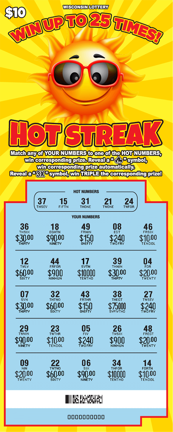 Hot Streak Scratch Game blue scratched play area with smiling golden sun wearing red sunglasses on background with orange and yellow sunbursts on WI Lottery scratch ticket