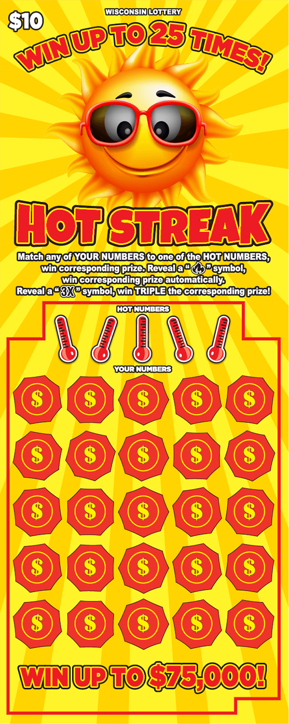 Hot Streak Scratch Game icons of red thermometers and yellow dollar signs in red circles with smiling golden sun wearing red sunglasses on background with orange and yellow sunbursts on WI Lottery scratch ticket