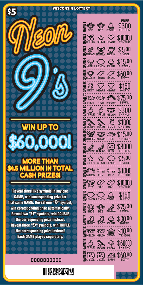 Neon 9's Scratch Game pink scratched play area on dark teal background with rows of light blue dots with golden and blue neon lettering on scratch ticket
