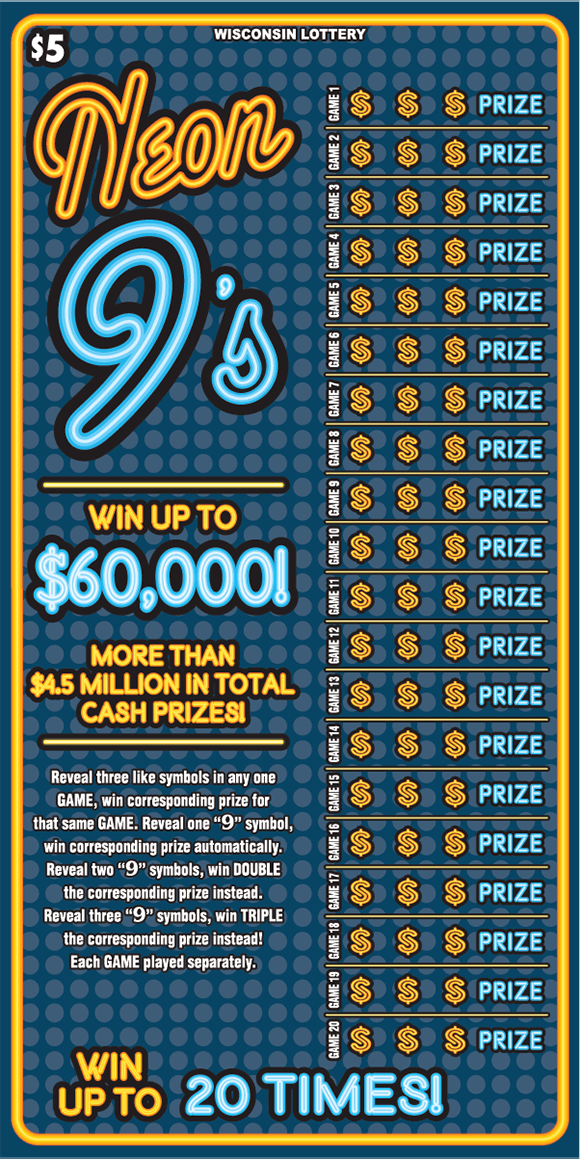 Neon 9's Scratch Game rows of golden dollar sign neon signs on dark teal background with rows of light blue dots with golden and blue neon lettering on scratch ticket