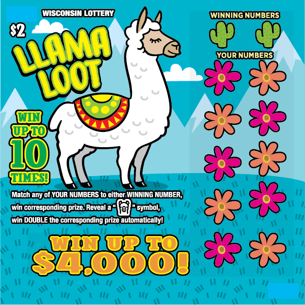 Llama Loot Scratch Game Image of llama and desert flowers and cactii against a blue background