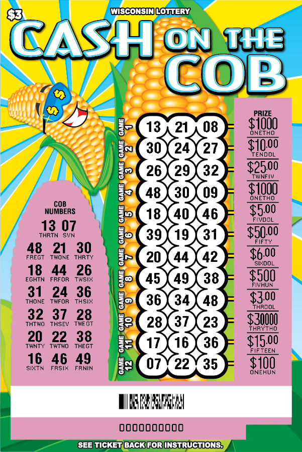 Cash On the Cob WI Scratch Game - Revealed Wisconsin Scratch game, Blue, Yellow and green scratch ticket with Corn caricature with sunglasses - Scratched