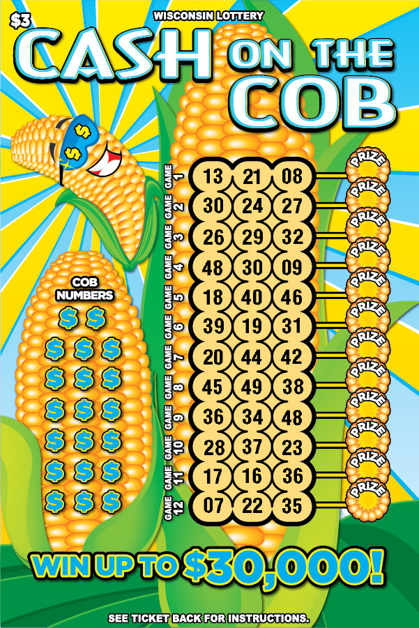 Wisconsin Scratch game, Blue, Yellow and green scratch ticket with Corn caricature with sunglasses