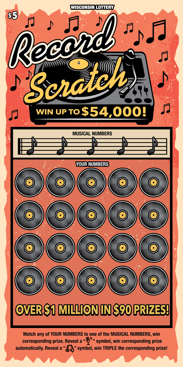 Record Scratch- WI Scratch Game Wisconsin Scratch Game, Record Scratch red background with blue, yellow and black text,
