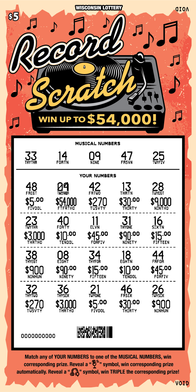 Record Scratch - WI Scratch Game- Scratched Wisconsin Scratch Game, Record Scratch red background with blue, yellow and black text,Scratched