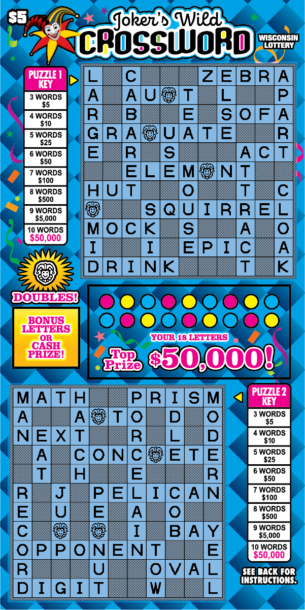 Wisconsin Scratch Game, "Jokers Wild Crossword" Blue background with black text outlined in white, Blue Crossword puzzle. 