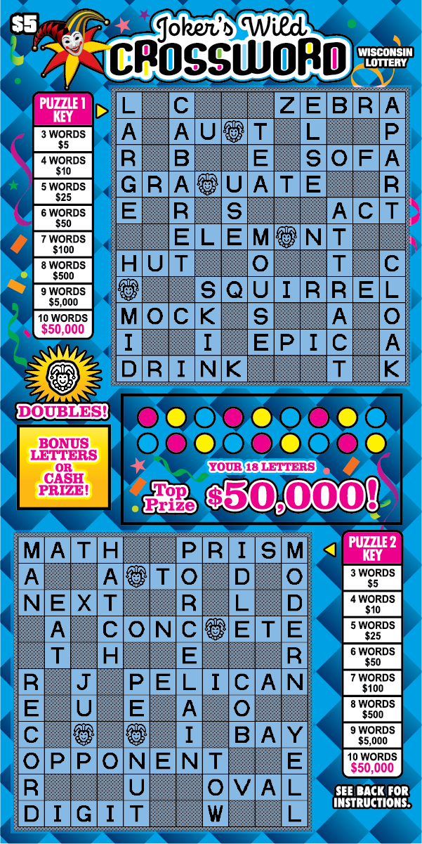 Jokers Wild WI Scratch Game Wisconsin Scratch Game, "Jokers Wild Crossword" Blue background with black text outlined in white, Blue Crossword puzzle.
