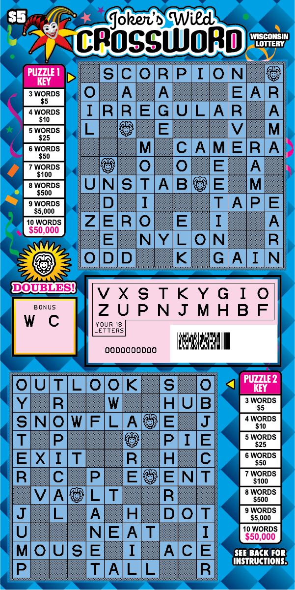 Wisconsin Scratch Game, "Jokers Wild Crossword" Blue background with black text outlined in white, Blue Crossword puzzle scratched. 