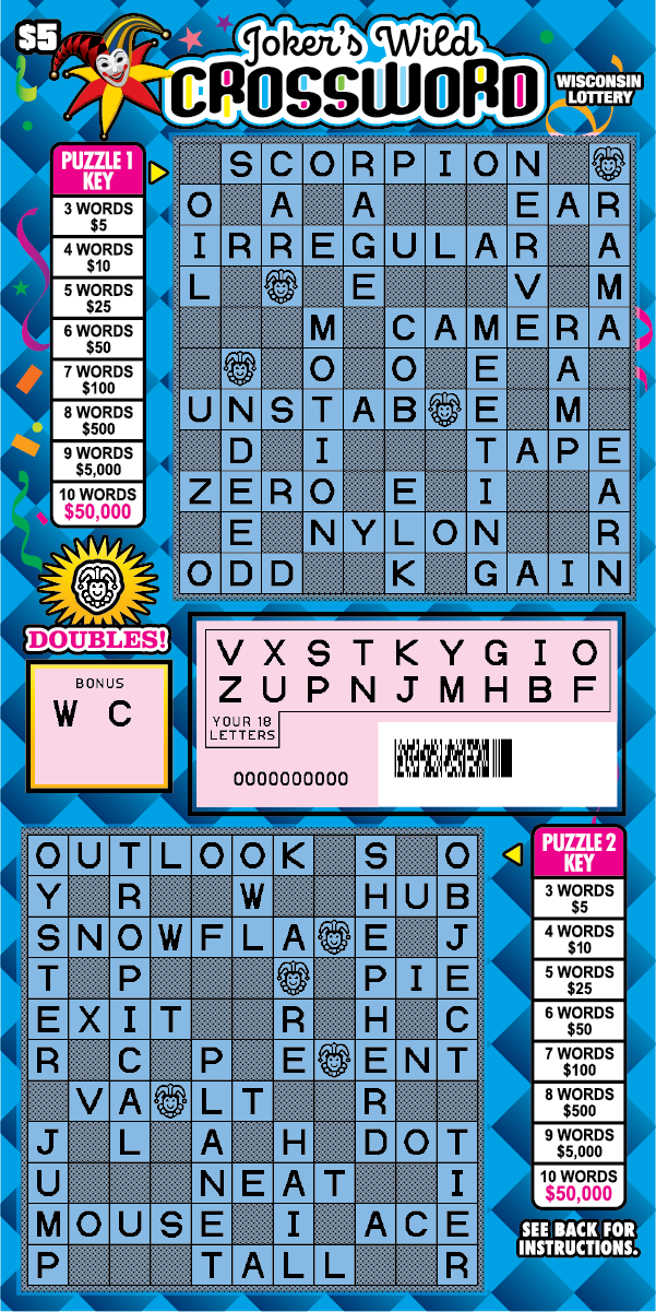 Jokers Wild WI Scratch Game - Revealed Wisconsin Scratch Game, "Jokers Wild Crossword" Blue background with black text outlined in white, Blue Crossword puzzle scratched.