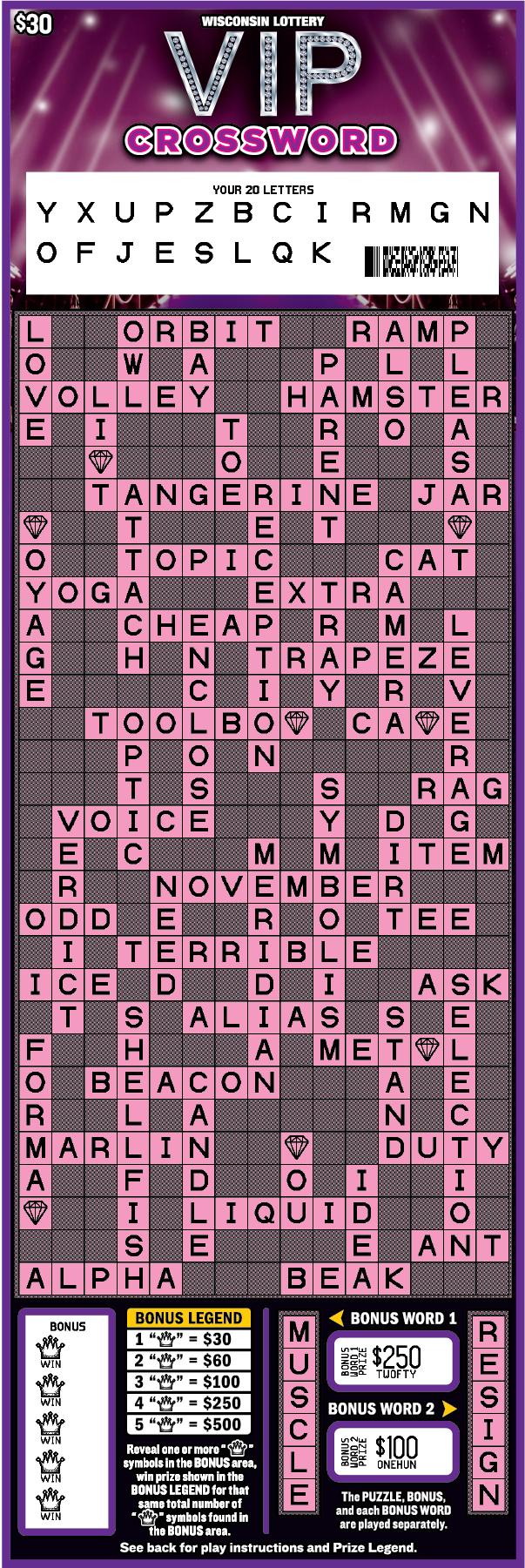 VIP Crossword WI Scratch Game-Revealed Wisconsin Scratch Game, VIP Crossword purple background with pink text outlined in white, Crossword puzzle Revealed.