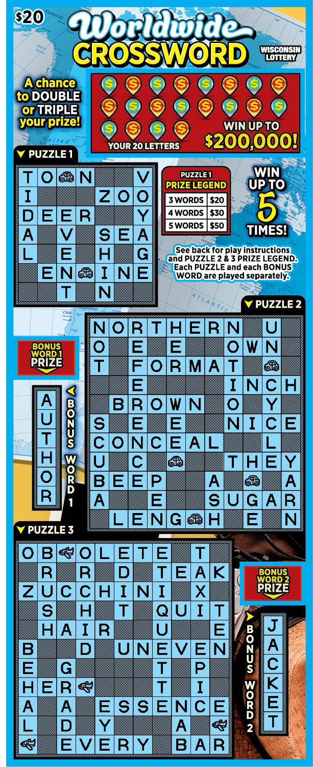 Worldwide Crossword WI Scratch Game Wisconsin Scratch Game, Worldwide Crossword blue background with black text, Crossword puzzle.