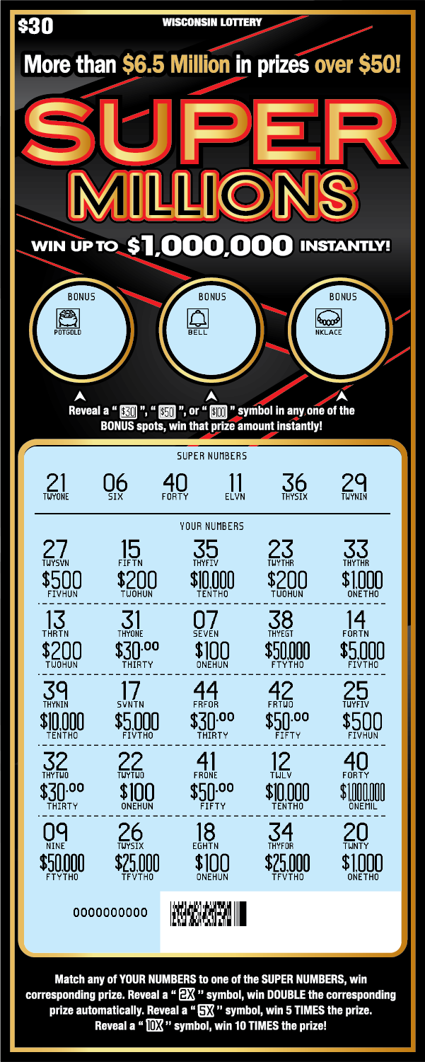 SUPER MILLIONS (2555) WI Scratch Game - Revealed Wisconsin Scratch Game SUPER MILLIONS black background red and gold text, scratched