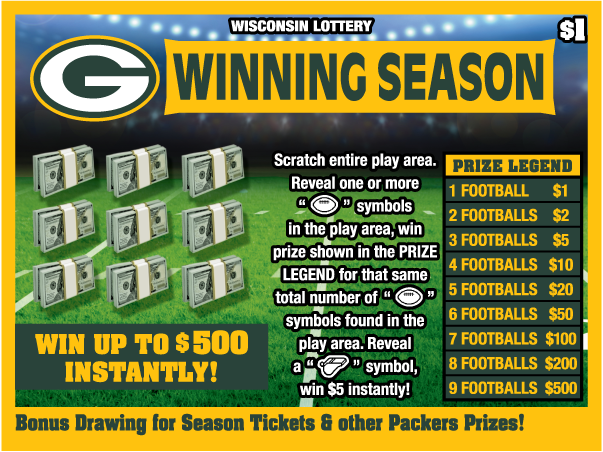 Winning Season Wisconsin Scratch Game Wisconsin Scratch game Packers, Ticket colors are Packers green and gold with a field.