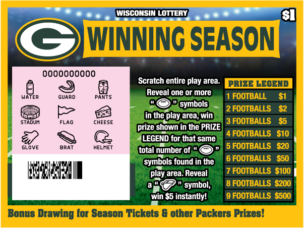 Wisconsin Scratch game Packers, Ticket colors are Packers green and gold with a field. scratched