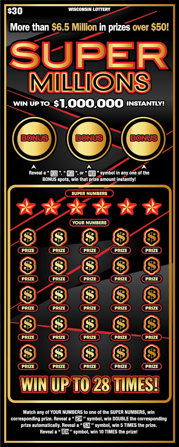 SUPER MILLIONS (2555) WI Scratch Game Wisconsin Scratch Game SUPER MILLIONS black background red and gold text