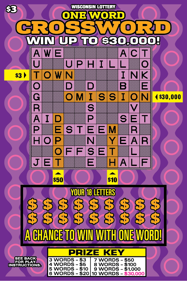 One Word Crossword Wisconsin Scratch Game Wisconsin Scratch Game One Word Crossword Purple background with Yell orange and black text.